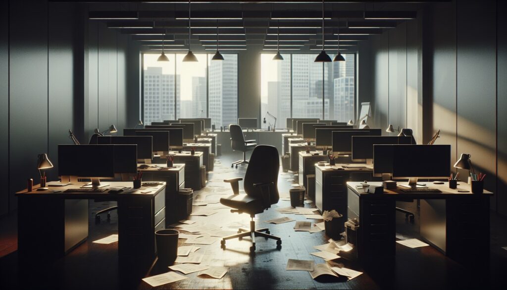 IT downtime cost impact on small business office with dark computer screens