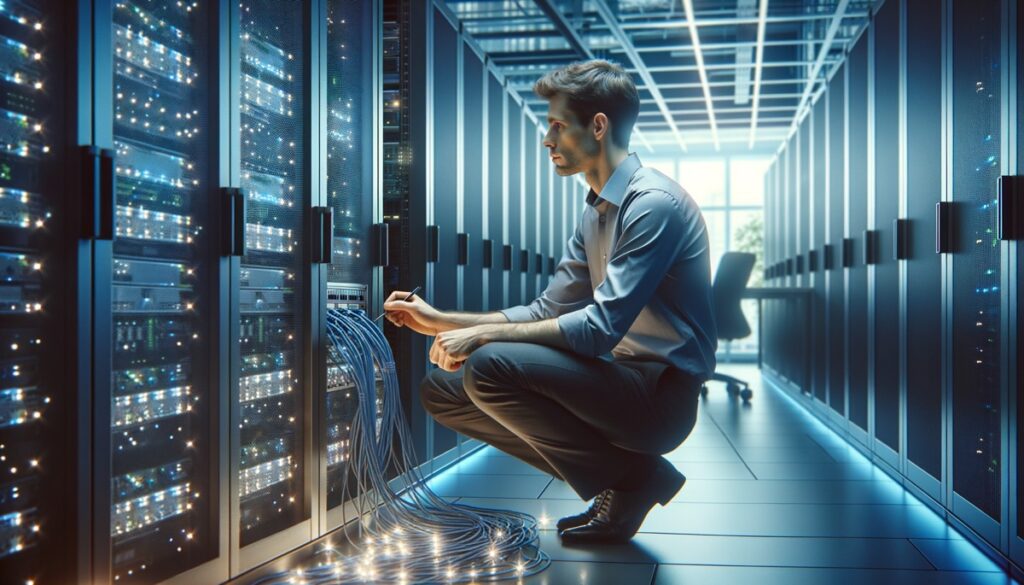 Managed IT support technician working in a professional server room