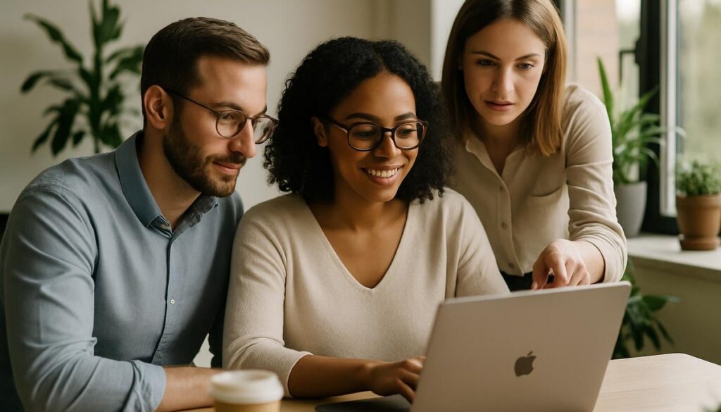Small business team reviewing digital transformation plans on laptops in a modern office