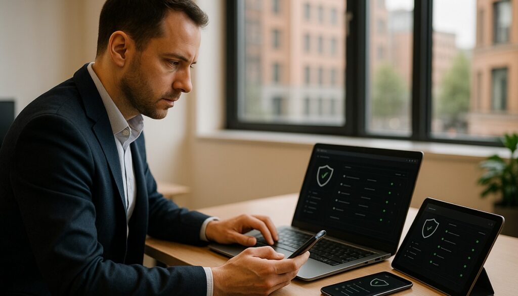 IT security professional reviewing endpoint devices on a business network in a Manchester office