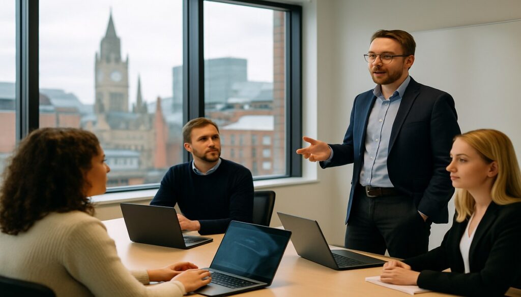 Business team in a Manchester office attending IT security training session