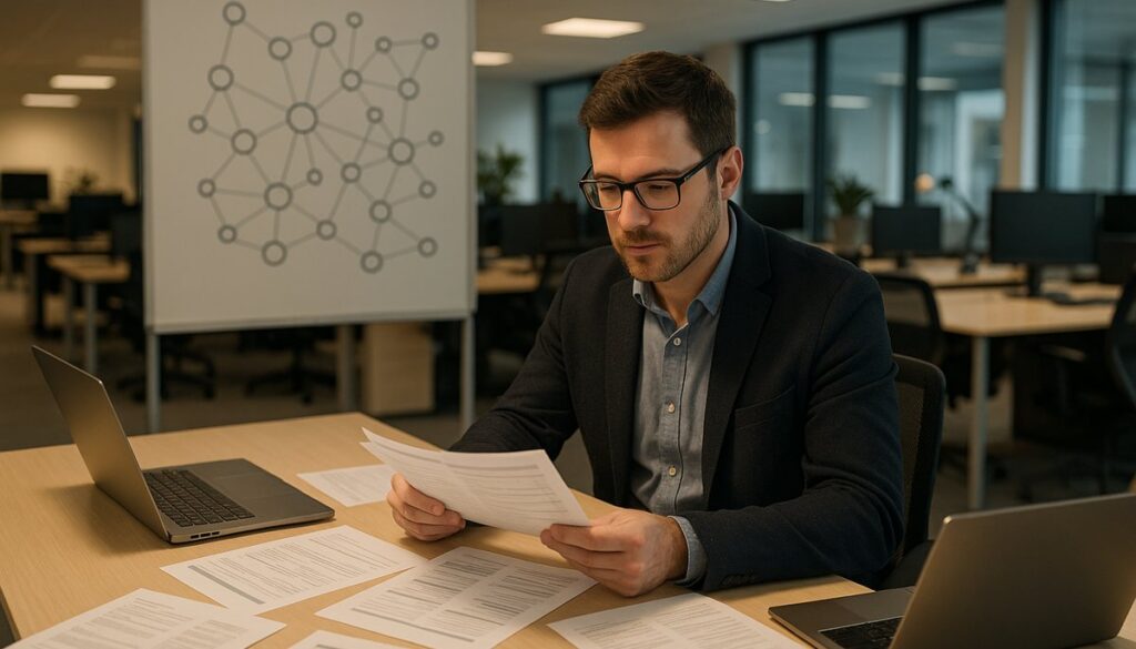 IT manager reviewing vendor contracts and network infrastructure at a Manchester office desk