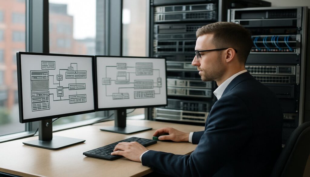 IT consultant reviewing legacy system migration plan in Manchester office