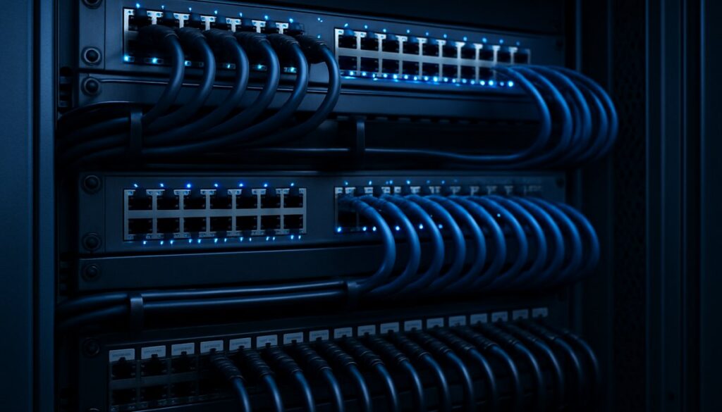 Network performance optimisation server rack with enterprise switches and organised cable management