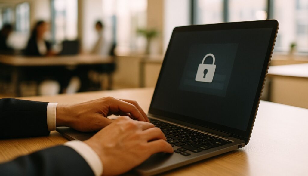 Business professional managing team password security on laptop in modern Manchester office