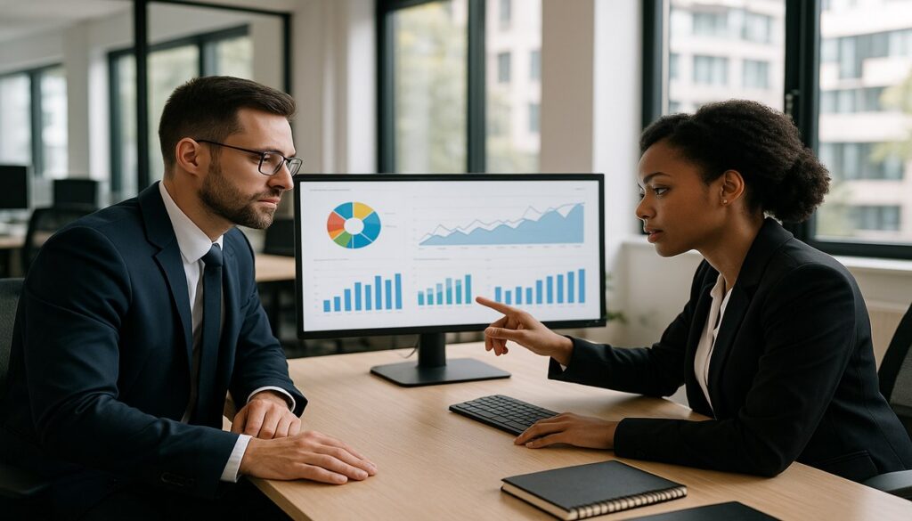 Business professionals reviewing AI analytics in a Manchester office