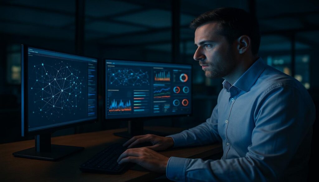 Cybersecurity professional monitoring for dark web threats at a dual-screen workstation in Manchester