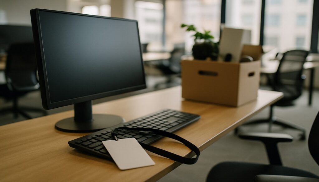 IT handover problem - office desk with security pass and packed box in Manchester business