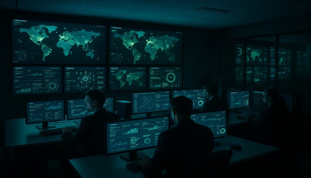 Security Operations Centre analysts monitoring cybersecurity dashboards for Manchester SME