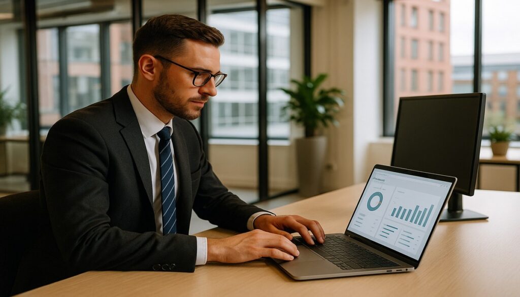 Business professional using Microsoft Copilot for Business on a laptop in a modern Manchester office