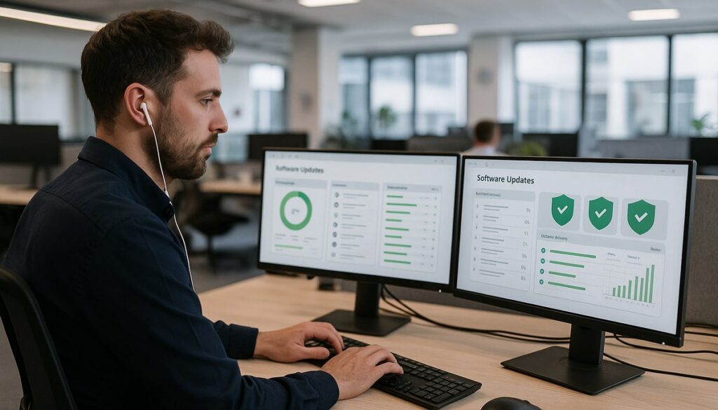IT support technician reviewing patch management dashboards in a Manchester business office