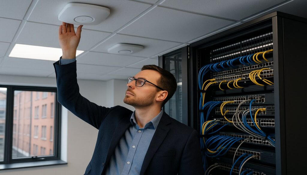 Business Wi-Fi security setup in a Manchester office - enterprise wireless access points and network equipment