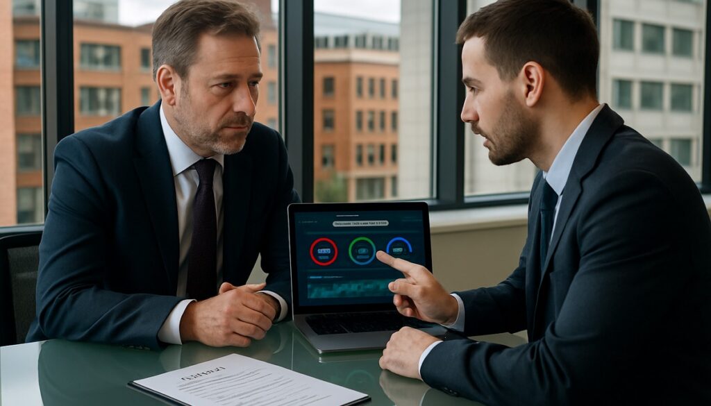 Business owner reviewing cyber insurance IT controls with an IT security consultant in a Manchester office