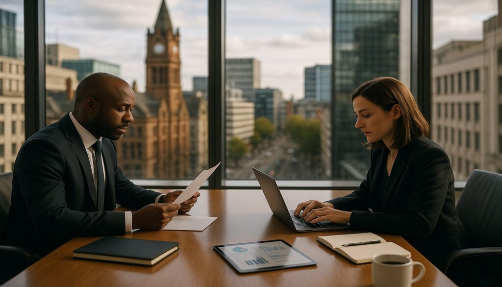 Two business professionals reviewing IT due diligence documents at a conference table in a Manchester office