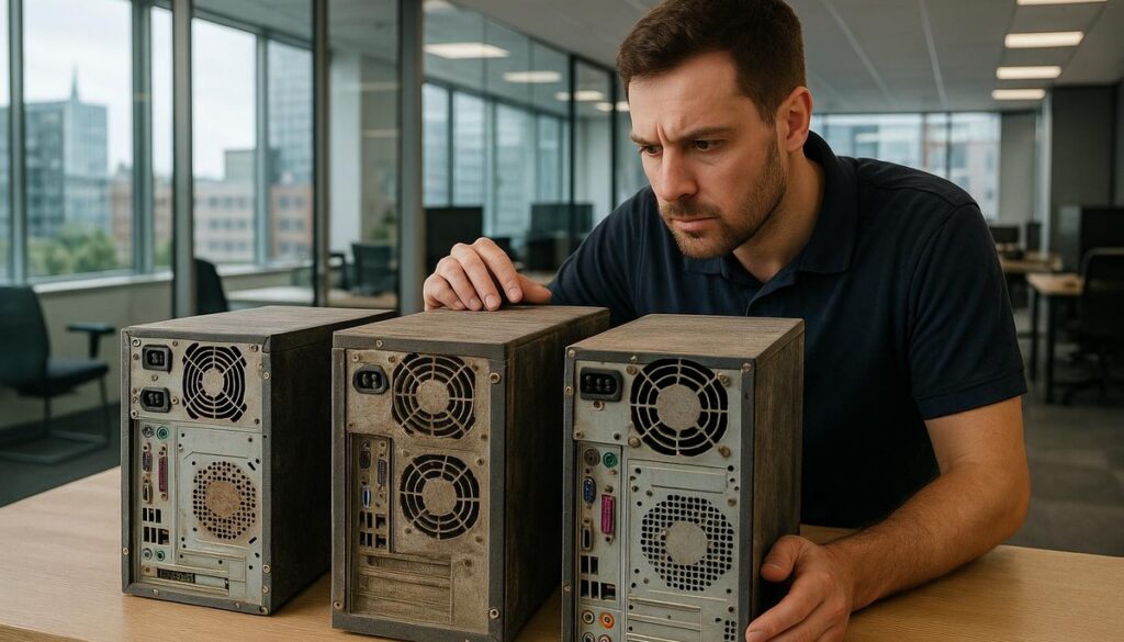 IT technician examining outdated hardware in a Manchester business office