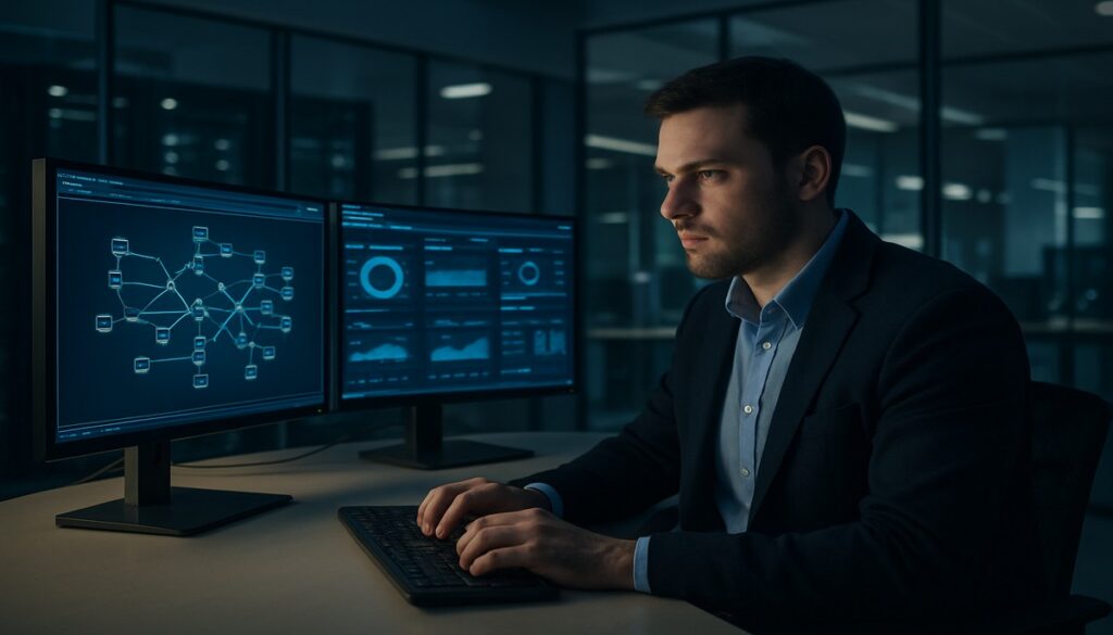 Cybersecurity analyst reviewing penetration testing results on monitors in a Manchester office