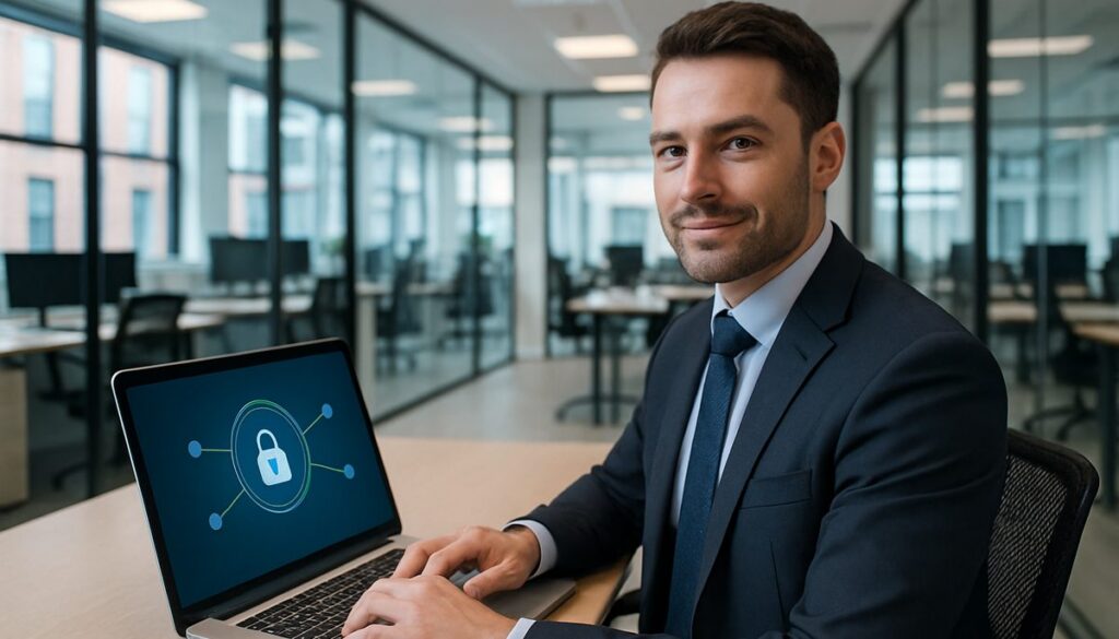 Business professional using remote desktop and VPN secure access in a modern Manchester office