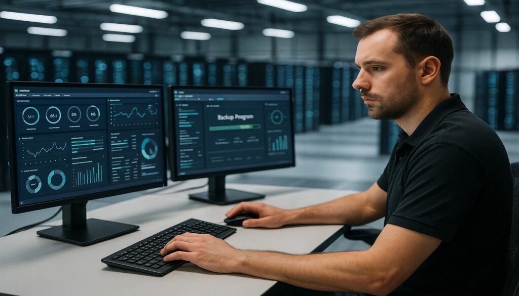 IT engineer monitoring disaster recovery testing in a Manchester data centre