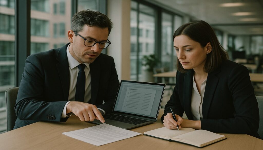 ISO 27001 certification review: two business professionals reviewing a compliance framework document in a Manchester office