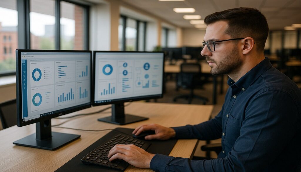 IT professional reviewing Microsoft Entra ID identity management dashboard in Manchester office
