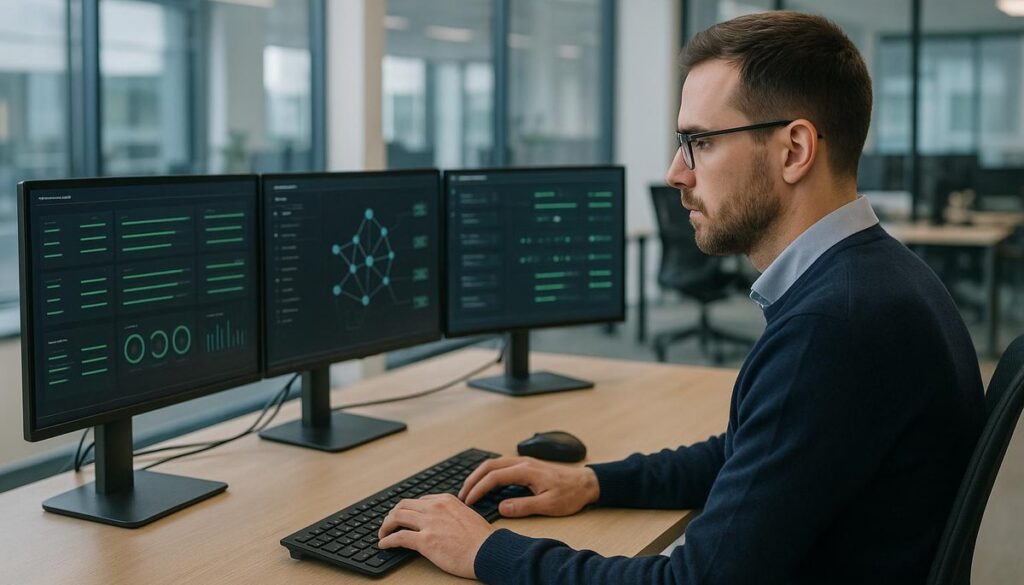 IT professional conducting ransomware recovery in a Manchester business office