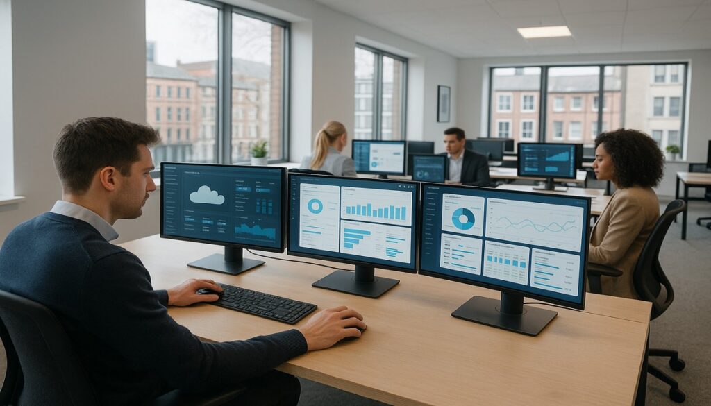 Business professionals in Manchester office with multiple cloud software applications on screens