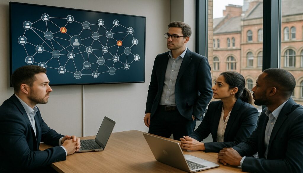 Business team reviewing supply chain cyber security risk in a Manchester office