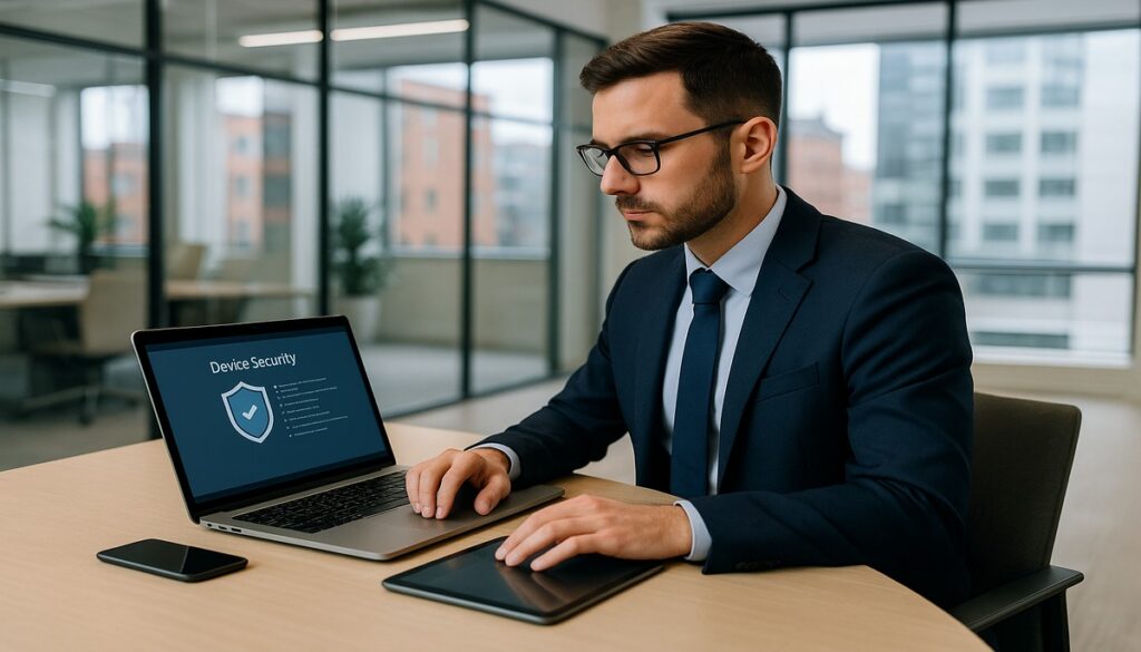 IT security consultant auditing business laptops and devices for encryption in a Manchester office
