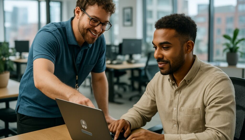 IT technician setting up a new laptop for a new starter employee in a Manchester business office
