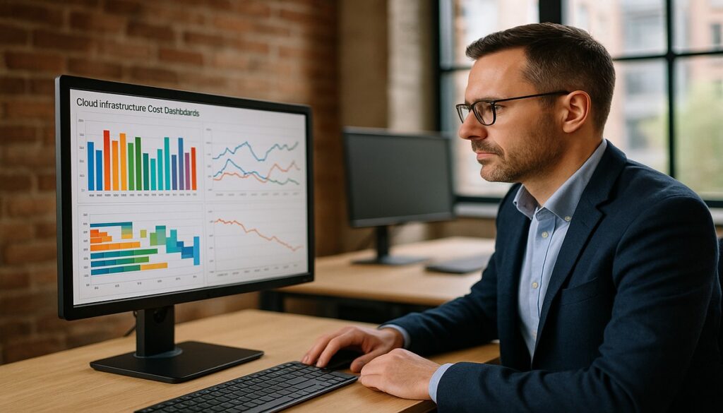 Business manager reviewing cloud cost management dashboards in a Manchester office