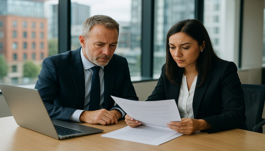 Business professionals reviewing IT compliance documentation in a Manchester office