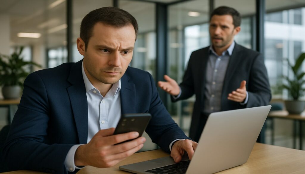 Business professional reviewing security alert on laptop — social engineering attacks awareness, Manchester office